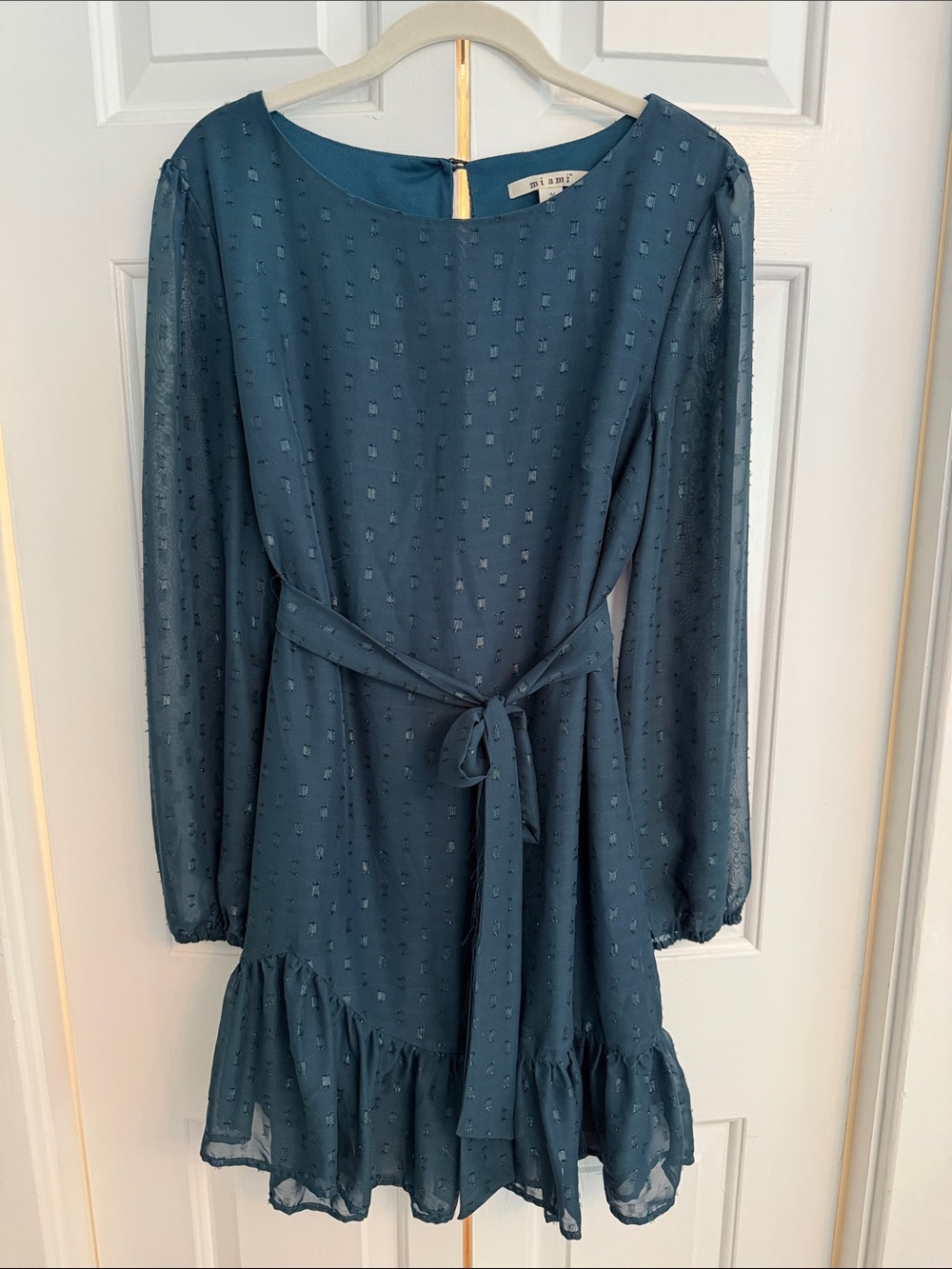 miami Teal Long-Sleeve Ruffle-Hem Dress with Self-Tie Waist